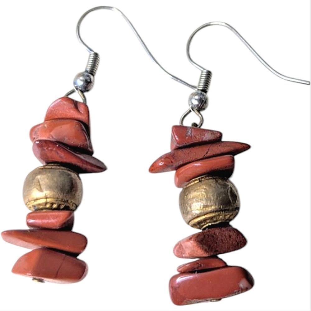 Handmade Brass And Genuine Coral Earrings